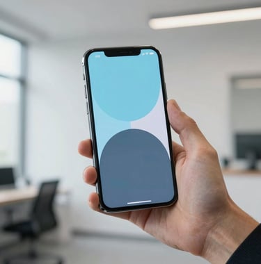 Close-up photography of a professional hand holding a high-end smartphone displaying a vibrant, modern app interface with light blue and slate accents. The background is a clean, minimal North American office space with natural lighting.