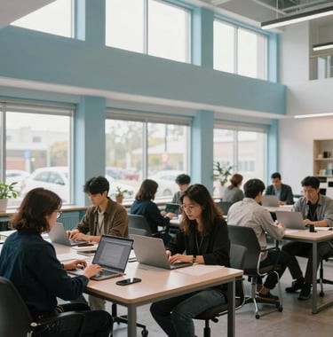 A wide shot of a modern North American collaborative workspace with individuals working on laptops, featuring pale blue architectural accents and large windows.