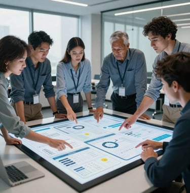 A group of diverse professionals collaborating around a large touchscreen table in a high-tech North American conference room. They are interacting with digital wireframes and app flows under bright, cool-toned professional lighting.