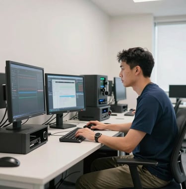 A professional photography shot of a North American tech environment. A developer interacts with high-resolution digital equipment in a bright office. The room is modern with off white walls and dark blue grey furniture, emphasizing professional innovation and reliable expertise.