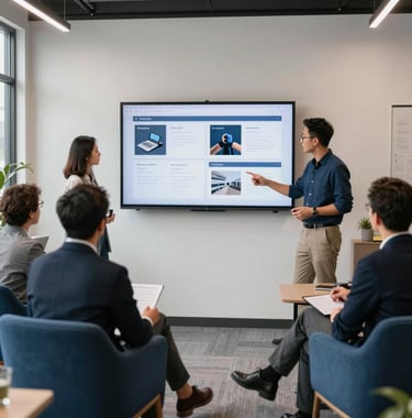 A professional meeting in a US studio with a team discussing app wireframes on a wall-mounted screen, with modern slate blue furniture and bright lighting.