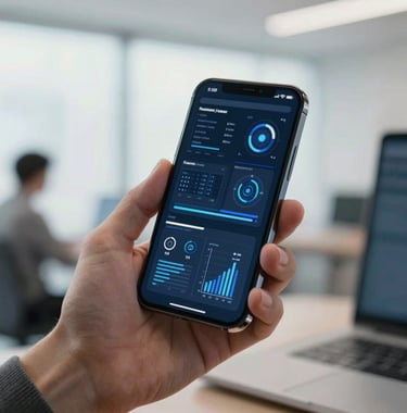 A sharp, detailed photograph of a hand holding a sleek smartphone showing a modern, blue and white data visualization interface in a bright US office setting.