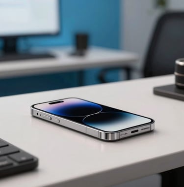 A clean, high-end photography shot of a high-resolution mobile device on an off white desk in a North American studio. In the background, a workspace with bright blue accents is visible but softly blurred, suggesting a professional and modern app development environment.