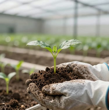 Close-up of a healthy, green seedling growing out of dark, fertile soil, held by hands in professional gardening gloves. Focus on sustainability and growth. Soft focus background of a modern farm. International / Global.