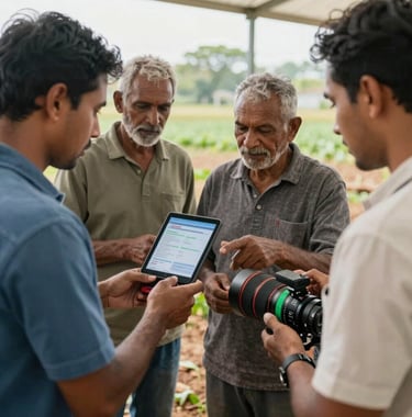 A professional photography shot of a collaborative workshop where a group of farmers is being shown a new data-driven planting tool. Professional and educational. International / Global.
