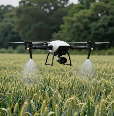 A sharp, high-resolution photo of an automated agricultural drone hovering over a sustainable wheat field, spraying targeted nutrients. Clean, professional composition with deep green forest green tones. International / Global setting.