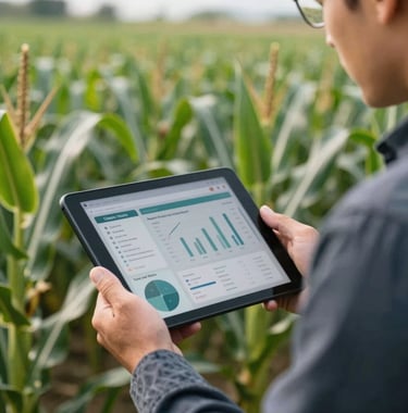 A close-up photograph of a professional agronomist holding a digital tablet in a lush, healthy corn field, using data analytics software. The lighting is natural and bright, emphasizing innovation and precision. International / Global setting.