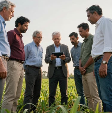 A low-angle shot of a group of diverse agricultural experts and farmers standing together in a lush field, discussing a handheld device. Authoritative and collaborative atmosphere. Professional attire. International / Global location.
