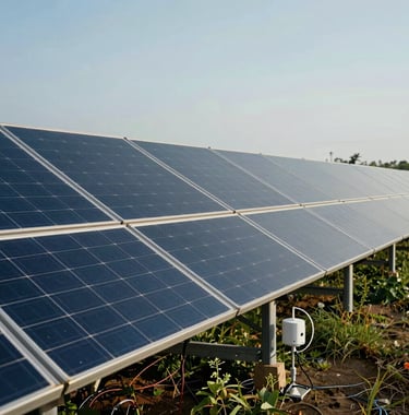 A professional photography shot of solar panels installed on the edge of a sustainable farm, providing power to agricultural sensors. International / Global.