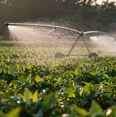 Photography of a smart irrigation system spraying a fine mist over a field of vibrant crops at sunset. Sharp focus on the water droplets. Clean, forest green and mist colors. International / Global agricultural setting.