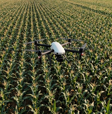 A professional photography shot of a drone flying low over a precision-mapped cornfield, capturing the essence of advanced technology in agriculture. International / Global.
