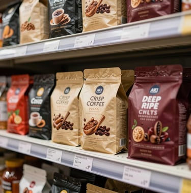A close-up of a well-organized shelf in an AkiSmart market, featuring premium coffee and snacks, with Crisp Parchment and Deep Ripe Crimson color themes in a South American / Brazilian context.