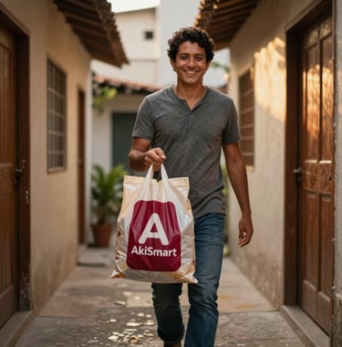 A lifestyle photograph of a person in a South American / Brazilian residential corridor, carrying a grocery bag with the deep ripe crimson AkiSmart logo, walking towards their apartment with a smile of convenience. Warm evening lighting.