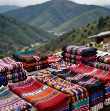 A vibrant market stall showcasing local Andean crafts and colorful textiles, with forest green mountains visible in the blurred background.