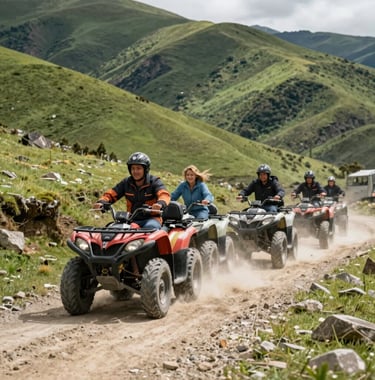 Action shot of a group of people on cuatrimotos traversing a scenic mountain path in the South American Andean region. Dust rising slightly in the sun, vibrant green hills, family members smiling, bright daylight.
