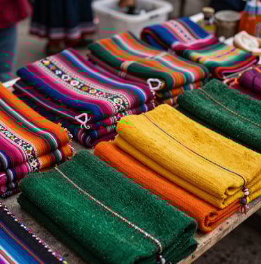 Traditional South American Andean market scene with colorful textiles and fresh local products, highlighting the vibrancy of local gastronomy. Natural light, rich textures of green, orange, and yellow.