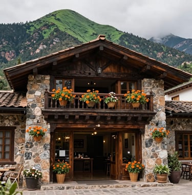 A cozy boutique hotel entrance built with local stone and dark wood, decorated with hanging baskets of orange flowers, set against a backdrop of towering green peaks. South American / Andean architecture style.