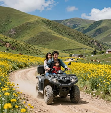 A happy family riding ATVs on a dusty mountain path surrounded by vibrant green hills and yellow wildflowers under a bright blue sky. South American / Andean rural landscape.