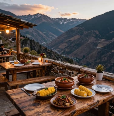 A rustic outdoor restaurant terrace overlooking a deep mountain valley, with wooden tables featuring traditional local dishes like Andean corn and stews. Warm evening lighting in a South American / Andean mountain setting.