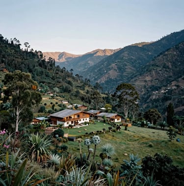 A panoramic photography shot of a serene South American / Andean valley with a cozy mountain hotel in the distance, surrounded by forest green trees and sage green meadows under a clear sky.