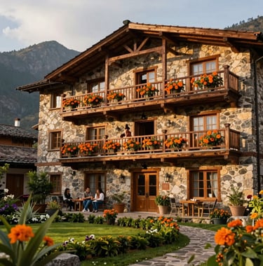 A cozy, family-friendly hotel in the South American Andean highlands, featuring stone architecture and wooden balconies with vibrant orange flowers. Warm morning light, lush green gardens in the foreground, mountain backdrop.
