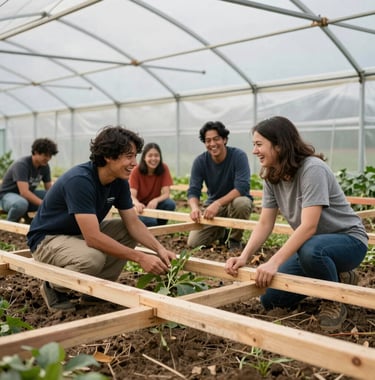 A group of volunteers laughing while setting up temporary wooden frames and high-tunnel plastics during a cooperative work day on a Northwest Arkansas farm. Earthy soil tones, vibrant greens, energetic community vibe.