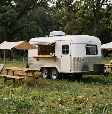 A custom rustic hospitality trailer parked beside a lush green field in Northwest Arkansas, with wooden tables and pop-up shelters set up under soft daytime light for a farmers' gathering.