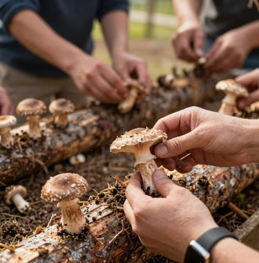 A vibrant close-up photograph of a hands-on mushroom cultivation workshop taking place outdoors on a community farm in North American / Northwest Arkansas. In the background, logs are being inoculated by community members. Earthy wooden textures, warm golden light.