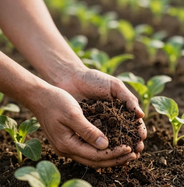 Close-up photograph of hands holding rich organic soil on a Northwest Arkansas farm, surrounded by vibrant green seedlings, natural warm afternoon sunlight.