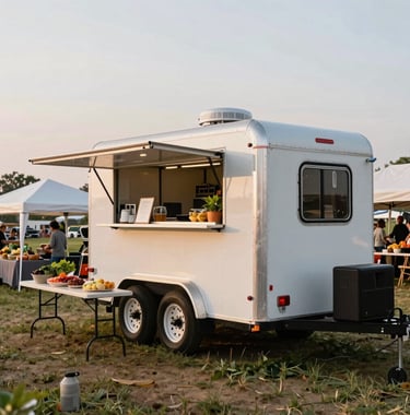 A high-quality photo of a custom mobile hospitality trailer parked at an organic North American / Northwest Arkansas farm. The trailer is surrounded by pop-up shelters, folding tables with fresh local food, and a small PA system. Soft evening daylight, welcoming and vibrant community farm setting.