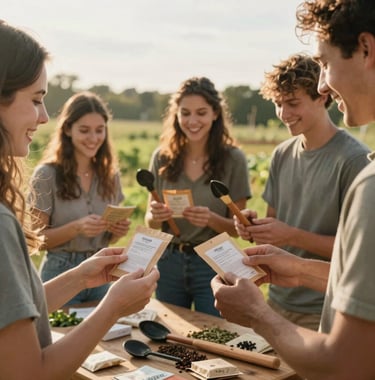 Community members happily exchanging handmade seed packets and sharing wooden garden tools in a sunny farmyard in Northwest Arkansas. Gentle, warm afternoon lighting with high-contrast organic textures.