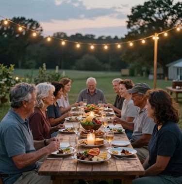A cozy community outdoor long-table dinner at dusk on an organic farm in Northwest Arkansas, with warm string lights glowing softly overhead and smiling local community members sharing food.