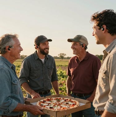 A candid photograph of diverse farmers wearing real-time translation earbuds, chatting and laughing together over pizza in an open field. Warm evening sunshine, North American / Northwest Arkansas farm background, natural rustic tones, high contrast.