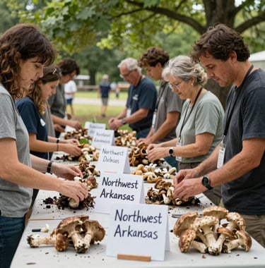An outdoor workshop table with various wild and cultivated mushrooms, hand-written signs, and enthusiastic community members learning about cultivation under a green tree canopy in Northwest Arkansas.