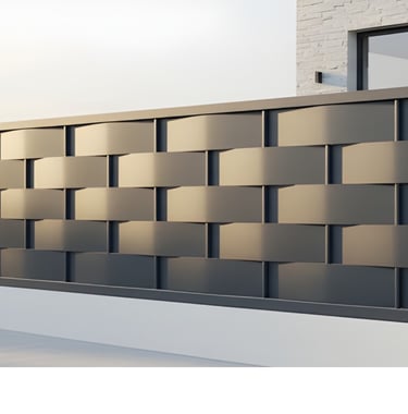 Valla metálica modelo Trenza con diseño de lamas entrelazadas y efecto escultórico moderno.