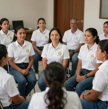 A group of South American volunteers in Teófilo Otoni wearing white shirts with a discrete gold logo, sitting in a circle for a morning briefing, professional and hopeful atmosphere.