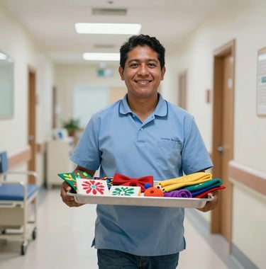 A South American volunteer carrying a tray of colorful crafts in a bright hospital hallway, clean and professional photography.