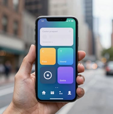 A sleek smartphone held in a hand against a blurred urban backdrop in the US, showing a vibrant and modern mobile application interface. The lighting is natural and crisp.