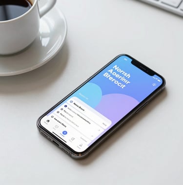 A top-down shot of a smartphone lying on a clean white desk next to a cup of coffee. The screen shows a vibrant, modern mobile app interface with light blue and lavender branding. North American professional workspace setting.