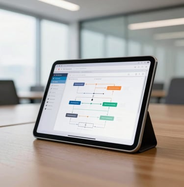 An tablet device propped up on a conference table in a modern US tech office, displaying a detailed application flowchart. The background is a brightly lit, professional meeting space.