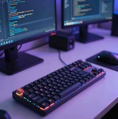 A close-up photograph of a professional developer workspace in a North American office. A backlit mechanical keyboard and a clean desk with a blurred monitor showing complex code are visible. The mood is focused and innovative with deep blue and lavender lighting.