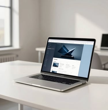 A minimalist photography shot of a sleek laptop resting on a white table in a sunny North American loft office. The screen shows a modern web development interface. The background is clean and professional with off-white and light blue tones.