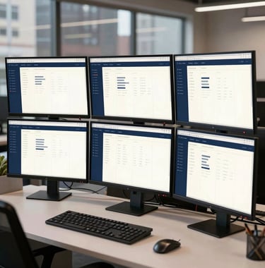 A wide photography shot of a multi-monitor workstation in a creative office space. The screens show a complex web application dashboard with elegant dark blue and off-white styling. North American urban office context.