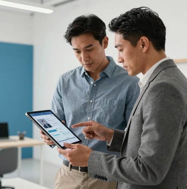 Photography of two North American professionals in smart-casual attire collaborating in a bright, modern studio. They are looking at a sleek tablet displaying a mobile app prototype. The environment is minimalist with medium blue accents.