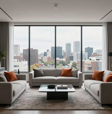 A minimalist interior photography of a luxury modern living room with large floor-to-ceiling windows overlooking a North American urban landscape. The room is styled with light gray furniture and orange accents, emphasizing a clean and sleek aesthetic.