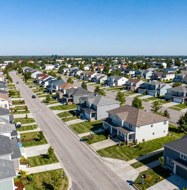 An aerial drone shot of a modern North American residential neighborhood with clean streets, manicured green lawns, and contemporary house designs under a clear blue sky.
