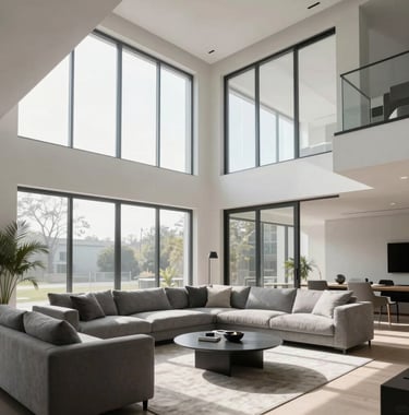 A crisp, bright interior photograph of a modern North American living room with high ceilings, large windows, and minimalist grey furniture. Soft morning light creates a clean, tech-forward aesthetic.