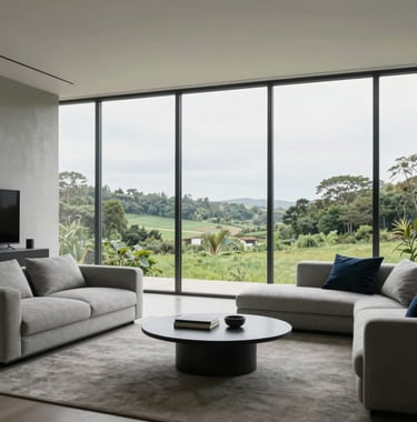 A minimalist living room with floor-to-ceiling windows overlooking a green landscape, featuring furniture in light grey and navy tones.