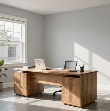 A sun-drenched professional home office in a North American suburb with clean lines, light grey walls, and minimalist wooden furniture.