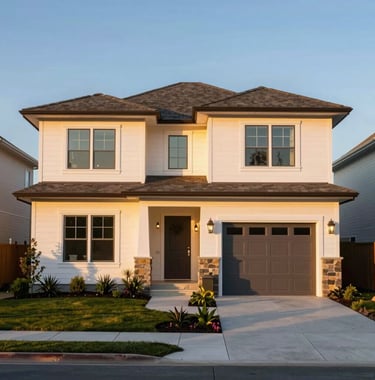 A sharp, vibrant photograph of a contemporary suburban house exterior in North America during the golden hour. The design features clean lines, white space, and professional landscaping, illuminated by warm orange sunset light.